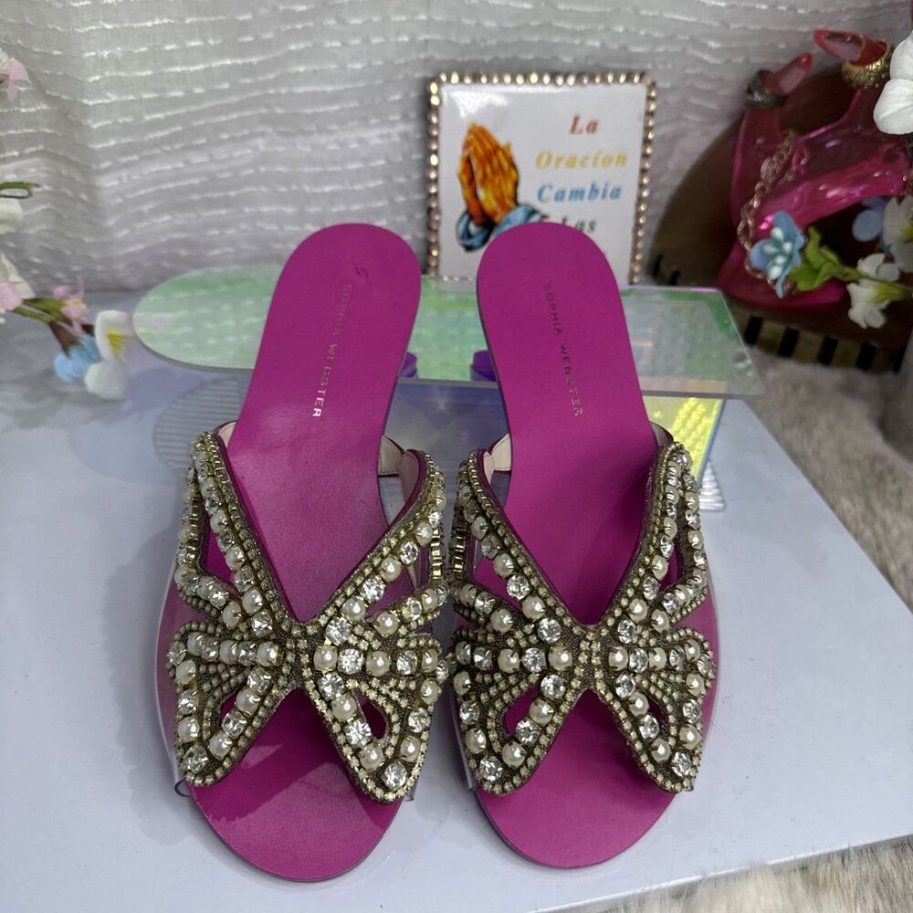 Sophia Webster Pink Jeweled Butterfly Slide Flats